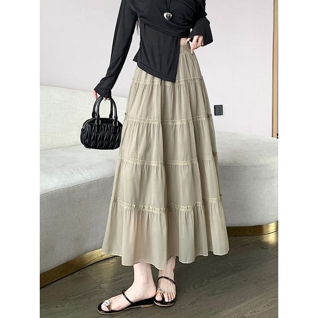 High Rise Plain Maxi A-Line Skirt - Khaki / S