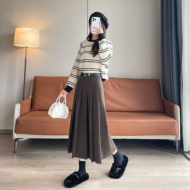 High Rise Plain Midi A-Line Skirt - Normal Edition - Coffee