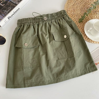 High Rise Plain Mini A-Line Cargo Skirt - Army Green / M