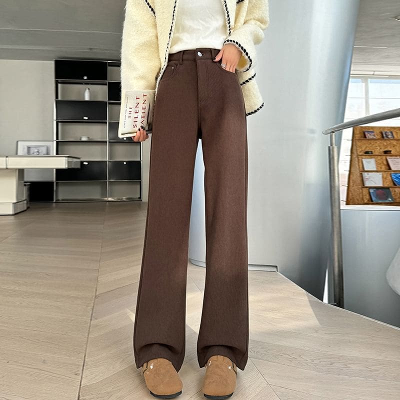 High Rise Plain Pleated Fleece-Lined Corduroy Loose Fit