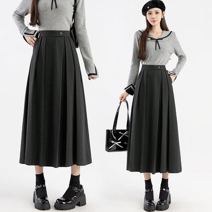 High Rise Plain Pleated Midi A-Line Skirt