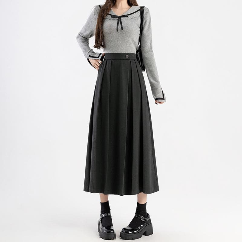 High Rise Plain Pleated Midi A-Line Skirt