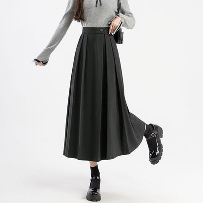 High Rise Plain Pleated Midi A-Line Skirt