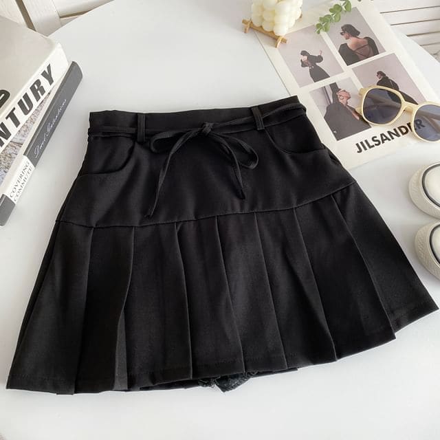 High Rise Plain Pleated Mini A-Line Skirt - Black / S