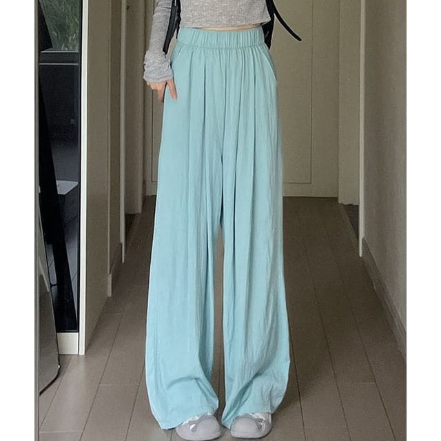 High Rise Plain Pocketed Wide Leg Sweatpants - Aqua Blue / S