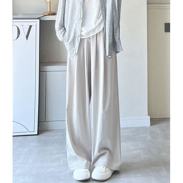 High Rise Plain Pocketed Wide Leg Sweatpants - Light Gray