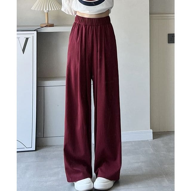 High Rise Plain Pocketed Wide Leg Sweatpants - Wine Red / S