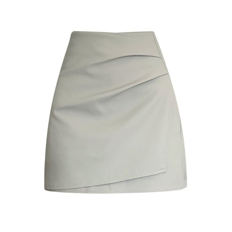 High Rise Plain Ruched Panel Faux Leather Mini A-Line Skirt