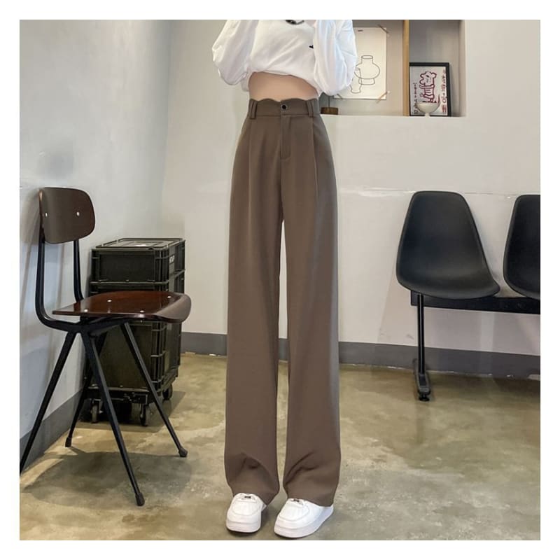 High Rise Plain Scallop Edge Wide Leg Pants