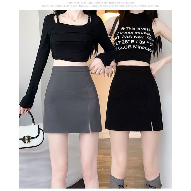 High Rise Plain Side-Slit Mini Pencil Skirt