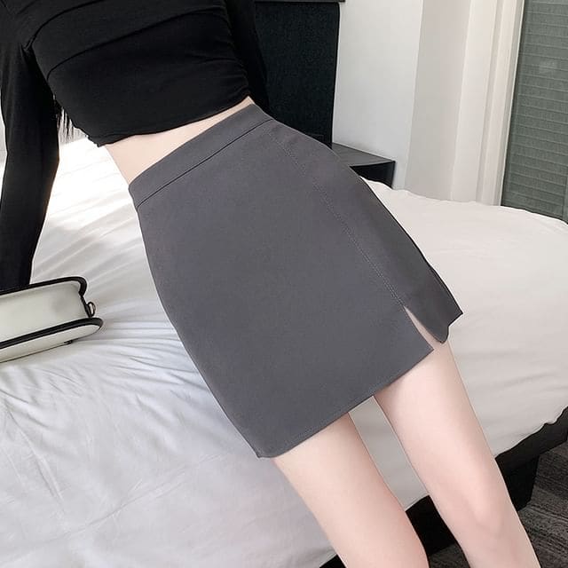 High Rise Plain Side-Slit Mini Pencil Skirt - Gray / S