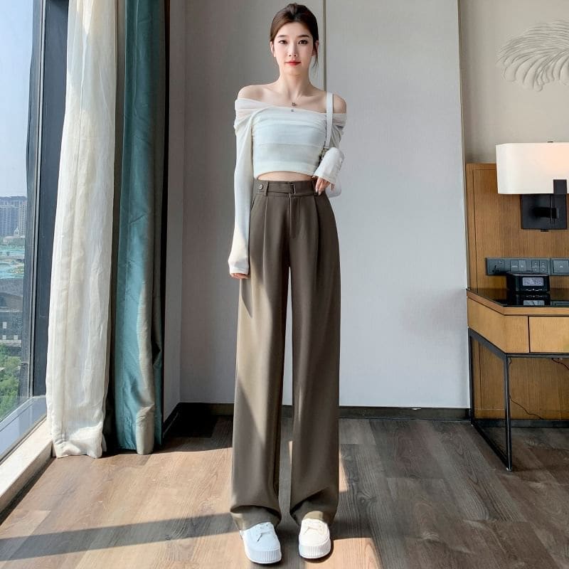 High Rise Plain Straight Leg Dress Pants - Pants