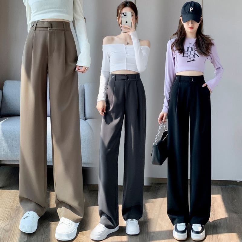 High Rise Plain Straight Leg Dress Pants - Pants