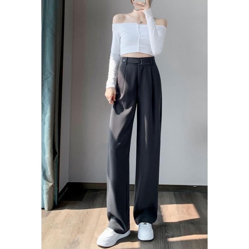 High Rise Plain Straight Leg Dress Pants - Pants