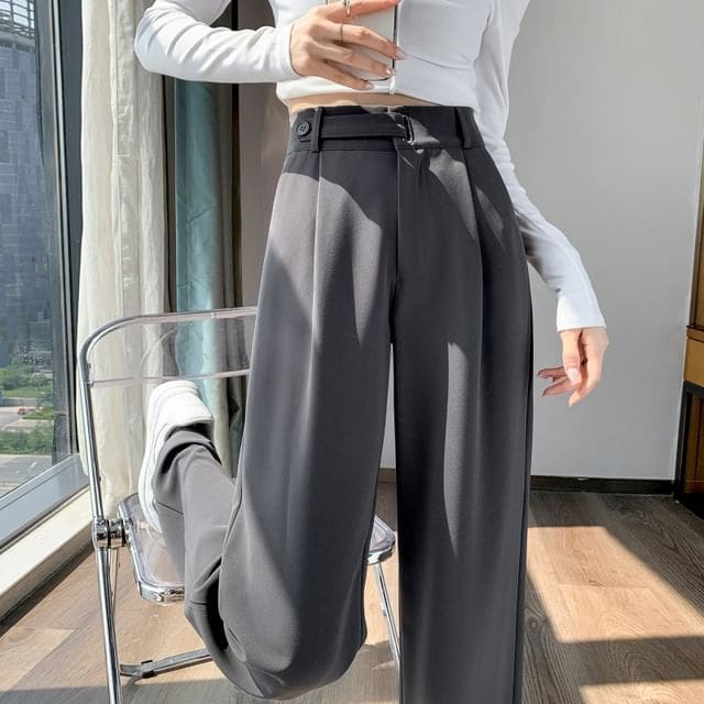 High Rise Plain Straight Leg Dress Pants - Pants