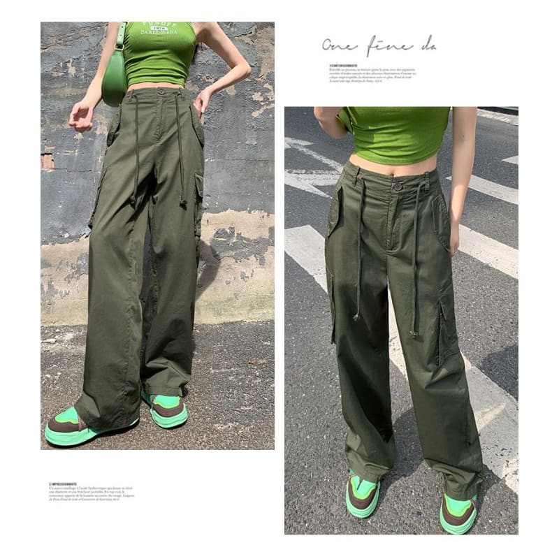 High Rise Plain Wide Leg Cargo Pants