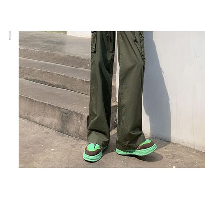 High Rise Plain Wide Leg Cargo Pants