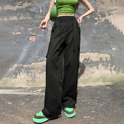 High Rise Plain Wide Leg Cargo Pants - Black / XS