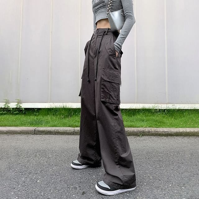 High Rise Plain Wide Leg Cargo Pants - Dark Gray / XS