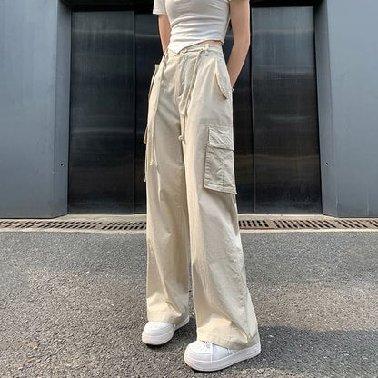 High Rise Plain Wide Leg Cargo Pants - Off-White / XS