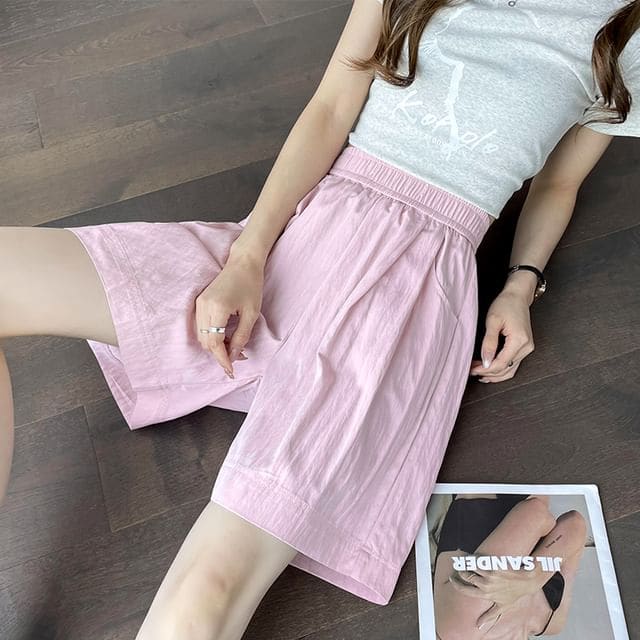 High Rise Plain Wide Leg Pocketed Shorts - Pink / S