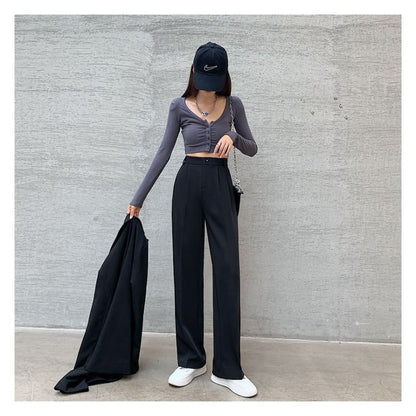 High Rise Plain Wide Leg Suit Pants