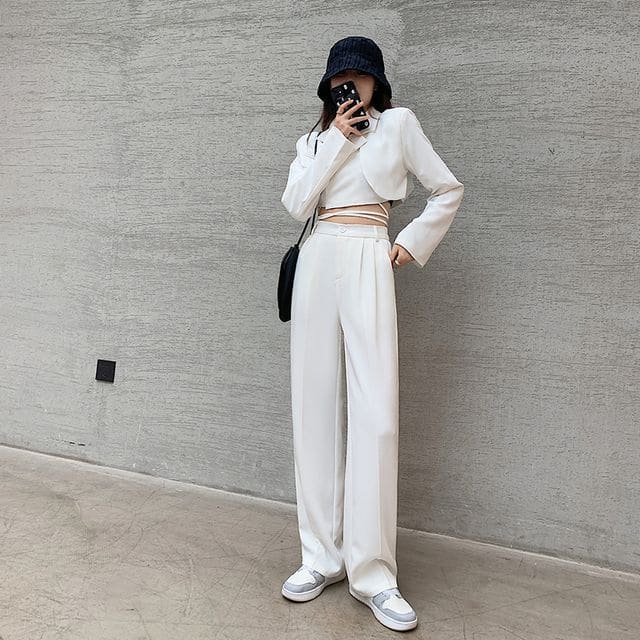 High Rise Plain Wide Leg Suit Pants - Long Edition - White