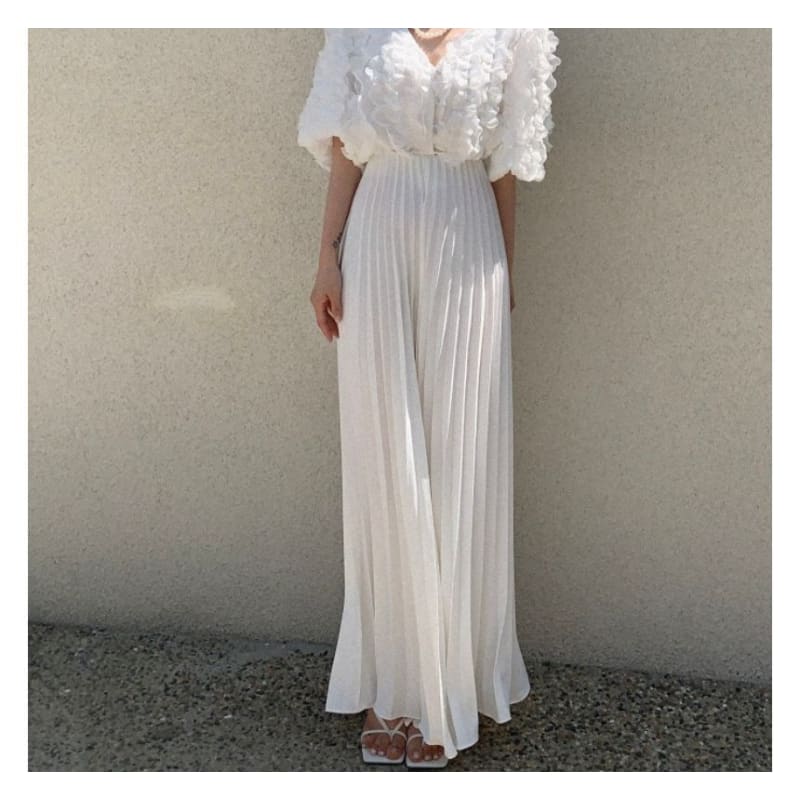 High Rise Pleated Plain Wide Leg Pants