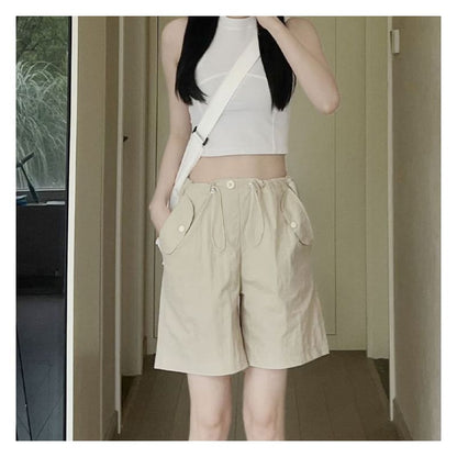 High Rise Pocketed Wide Leg Plain Cargo Shorts