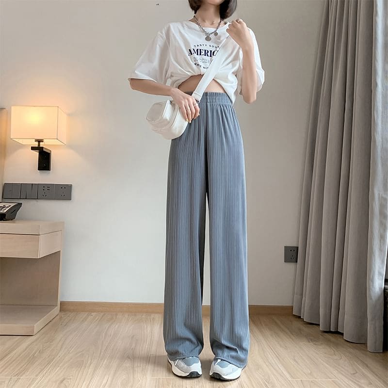 High Rise Rib Wide Leg Plain Sweatpants