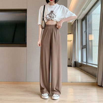 High Rise Rib Wide Leg Plain Sweatpants