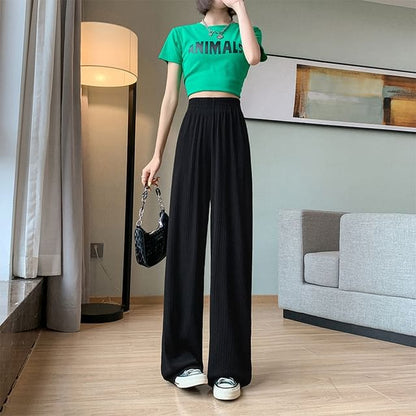 High Rise Rib Wide Leg Plain Sweatpants - Black / S