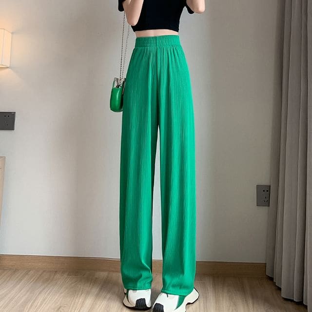 High Rise Rib Wide Leg Plain Sweatpants - Green / S