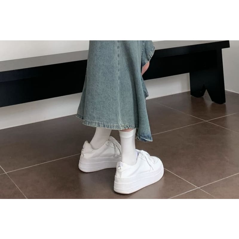 High Rise Ruffle Trim Washed Slit Midi Mermaid Denim Skirt