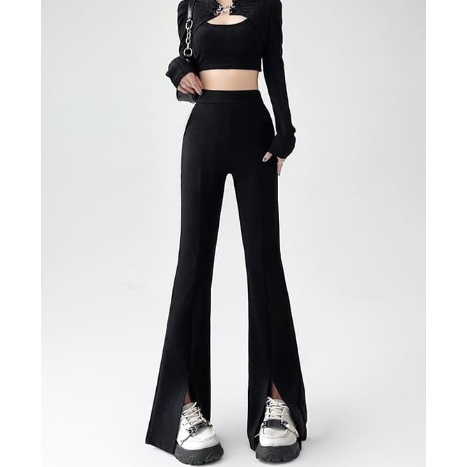 High Rise Sheath Plain Flare Dress Pants