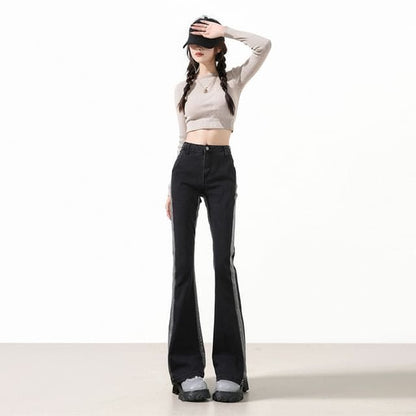 High Rise Striped Flared Jeans - 6291 - Black Gray / XS