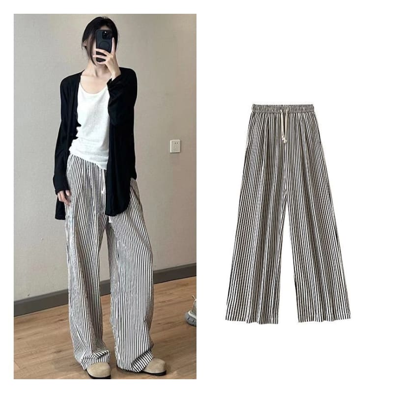 High Rise Striped Printed Wide Leg Drawstring Sweatpants