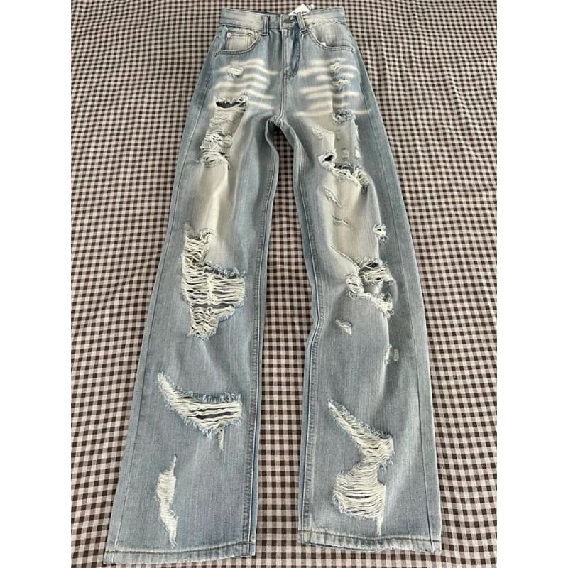 High Rise Washed Distressed Wide Leg Jeans (Various Designs)