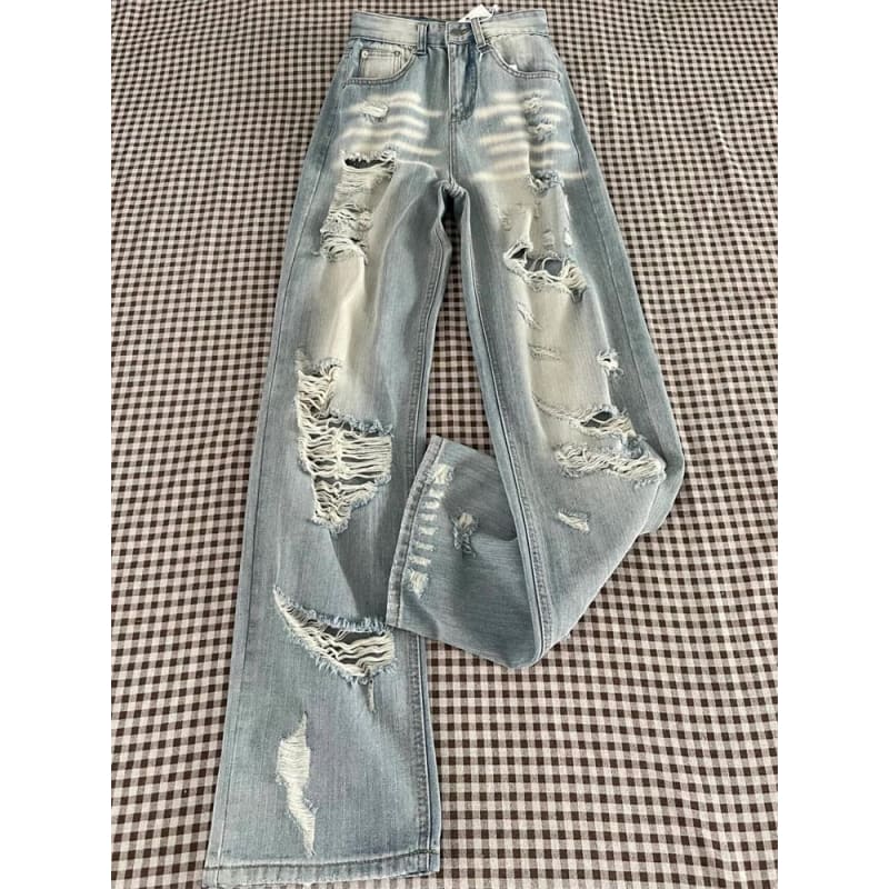 High Rise Washed Distressed Wide Leg Jeans (Various Designs)