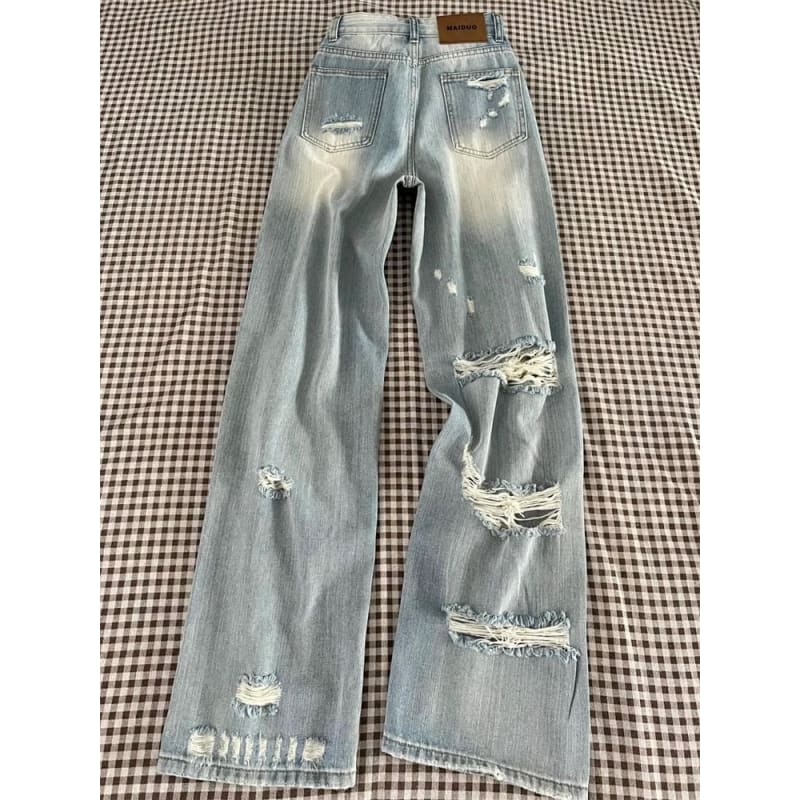 High Rise Washed Distressed Wide Leg Jeans (Various Designs)