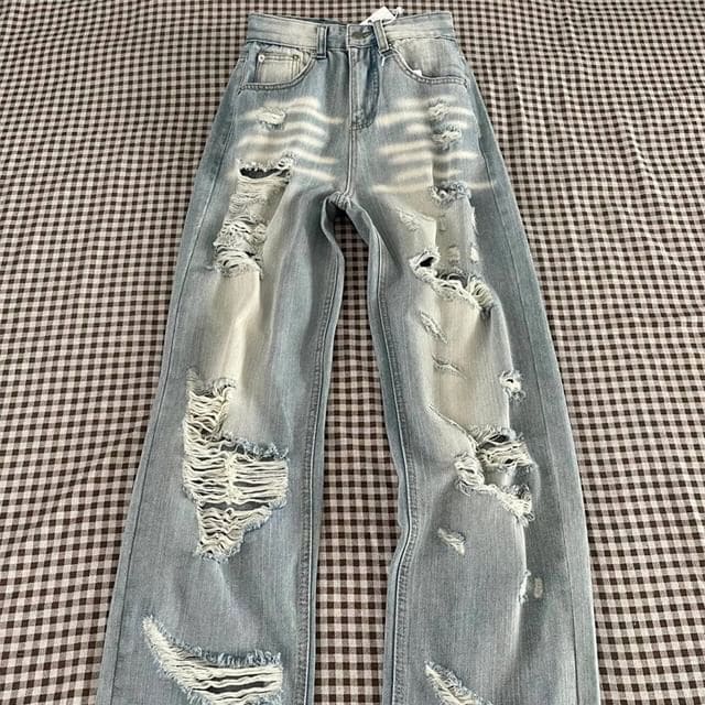 High Rise Washed Distressed Wide Leg Jeans (Various Designs)