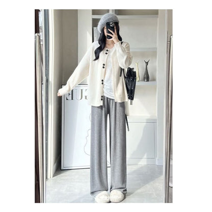 High Rise Wide Leg Plain Knit Sweatpants