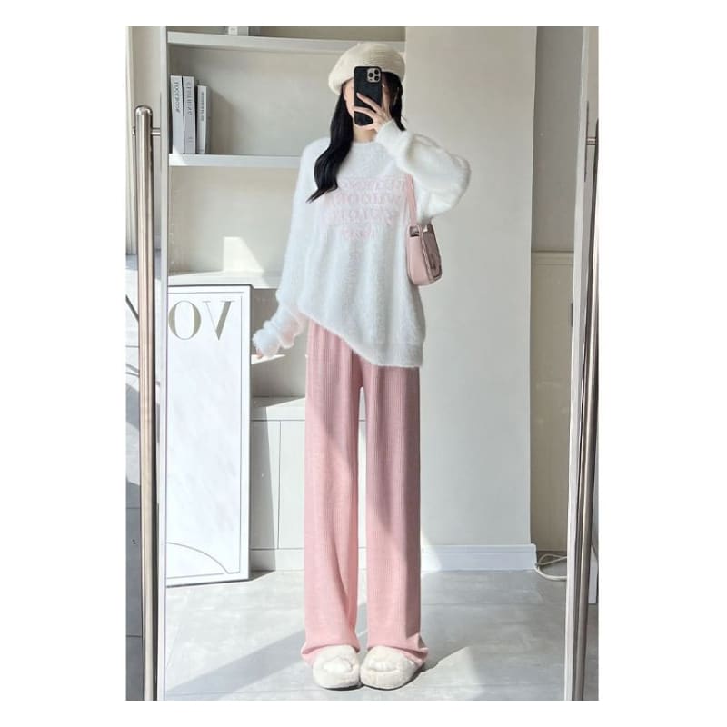 High Rise Wide Leg Plain Knit Sweatpants