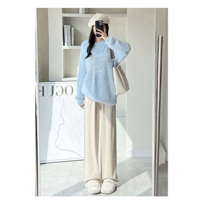 High Rise Wide Leg Plain Knit Sweatpants