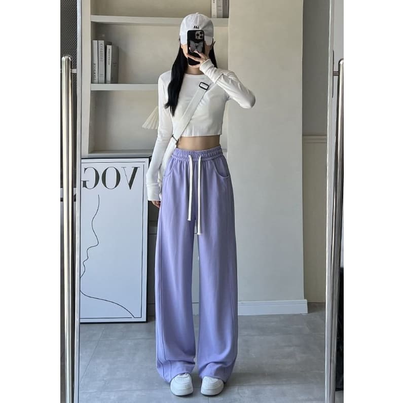 High Rise Wide Leg Plain Sweatpants