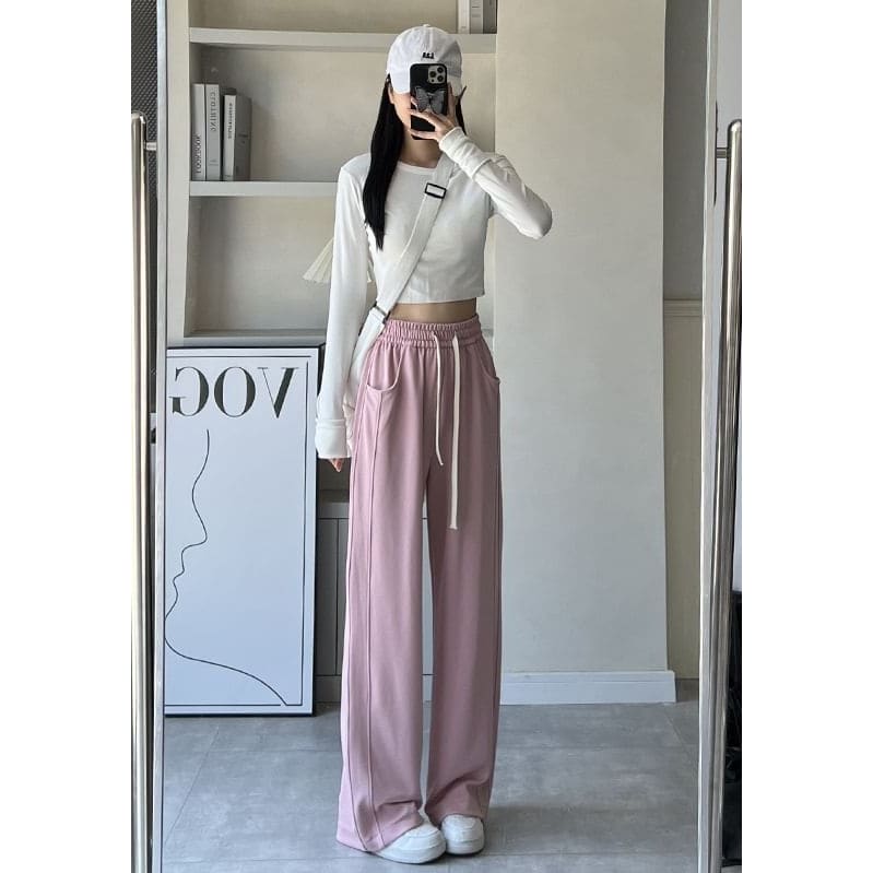 High Rise Wide Leg Plain Sweatpants