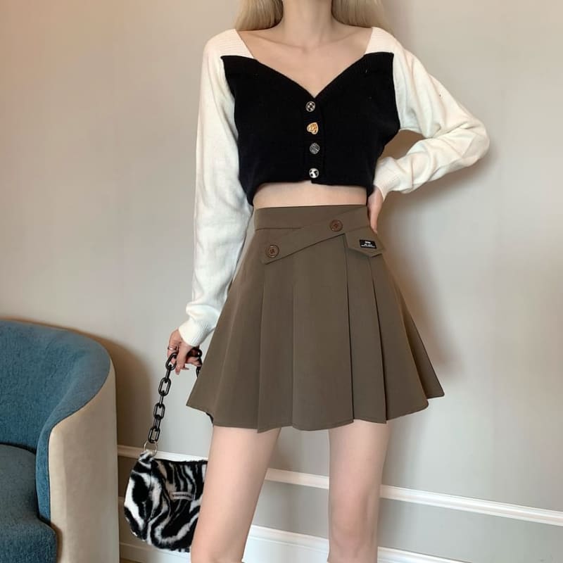 High Waist Applique Pleated Mini