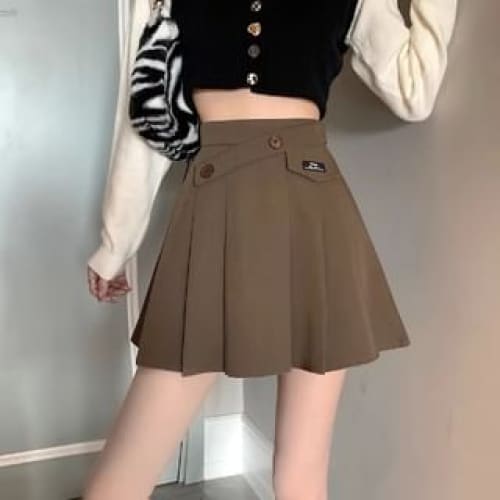 High Waist Applique Pleated Mini - Coffee / S