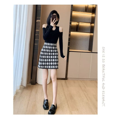 High Waist Argyle Knit Mini