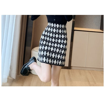 High Waist Argyle Knit Mini